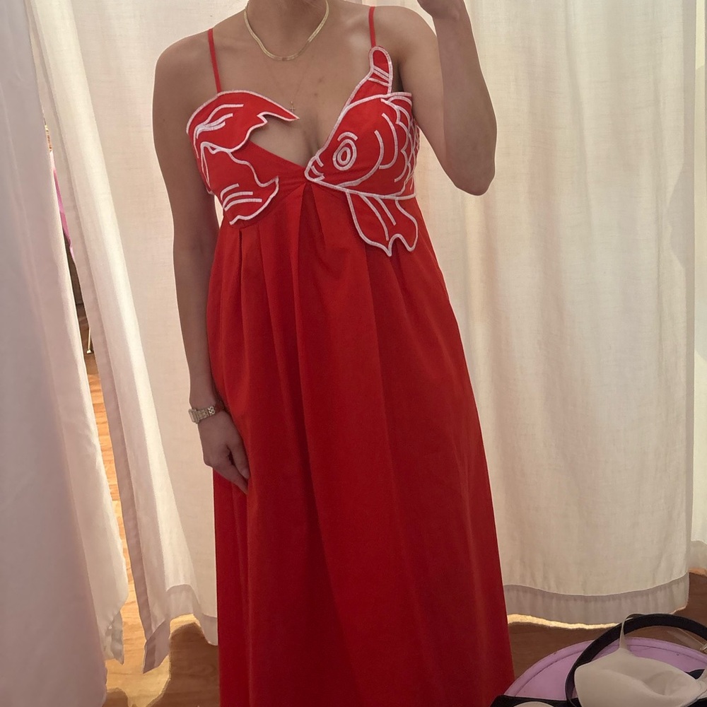 Red Maxi Dress with Koi Fish Design